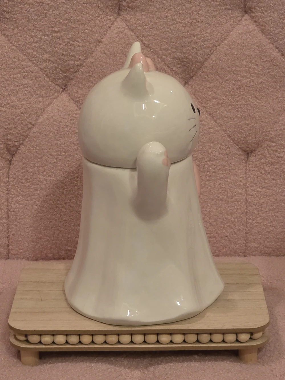 Ceramic White & Pink Cat Cookie Jar - Cute Paw & Bow Design
